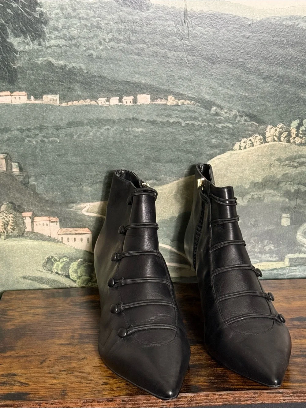 Nine West Classic Victorian Black Leather Pointed Ankle Boots